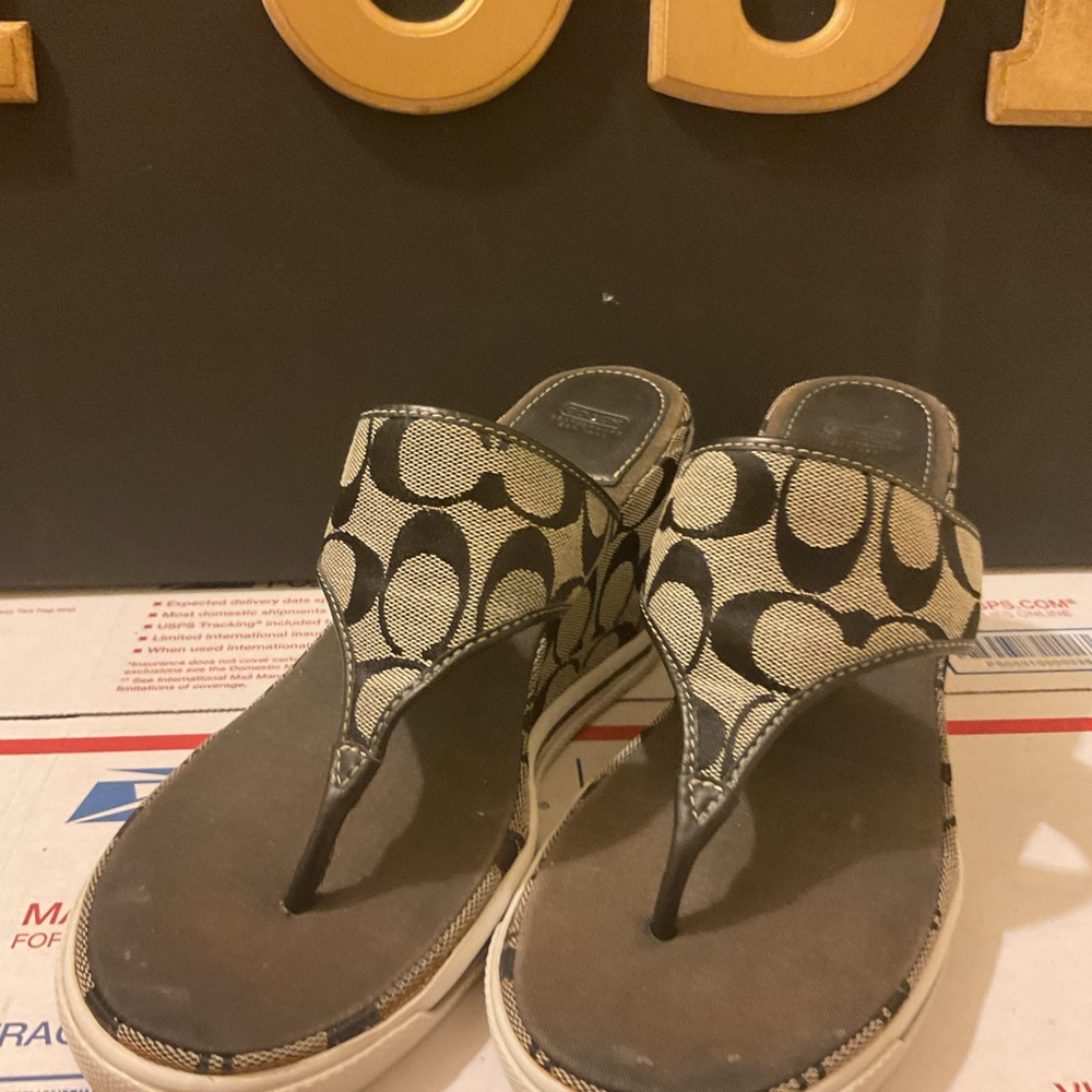 Coach Brown and Beige Signature Canvas Thong Sandals